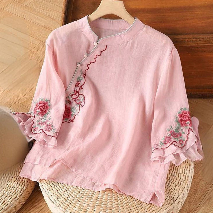 Buddha Stones Casual Loose Peony Embroidery Frog Button Three Quarter Sleeve Cotton Linen Women's Shirt