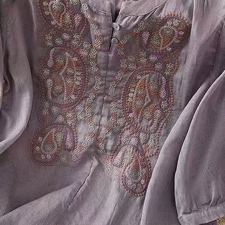 Buddha Stones Casual Loose Embroidery Frog Button Half Sleeve Crew Neck Cotton Women's Shirt