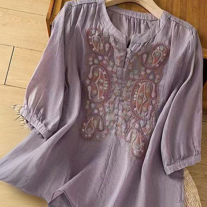 Buddha Stones Casual Loose Embroidery Frog Button Half Sleeve Crew Neck Cotton Women's Shirt