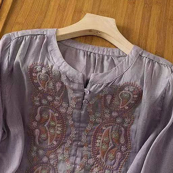 Buddha Stones Casual Loose Embroidery Frog Button Half Sleeve Crew Neck Cotton Women's Shirt
