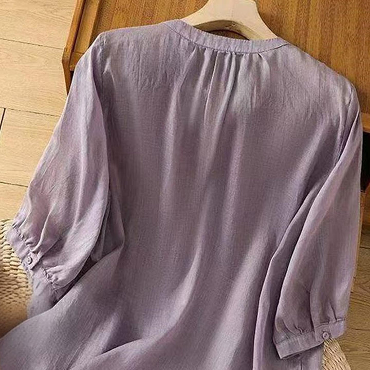Buddha Stones Casual Loose Embroidery Frog Button Half Sleeve Crew Neck Cotton Women's Shirt