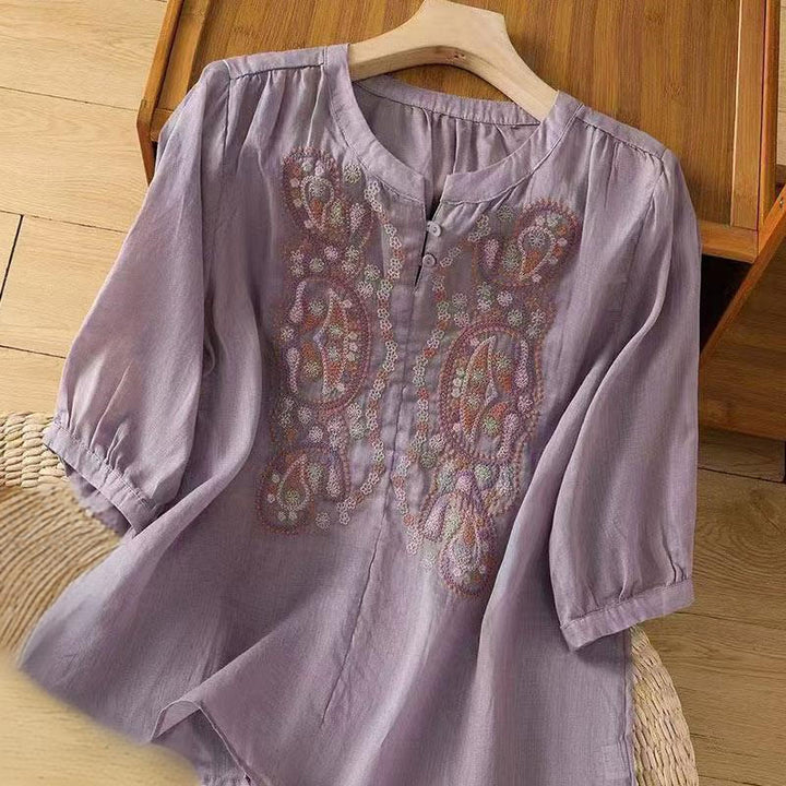 Buddha Stones Casual Loose Embroidery Frog Button Half Sleeve Crew Neck Cotton Women's Shirt
