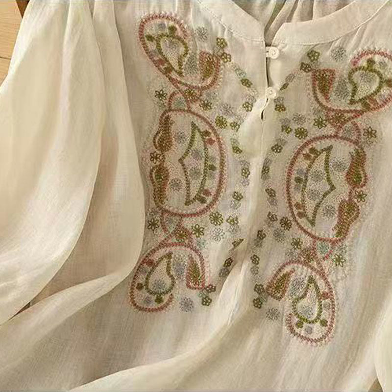 Buddha Stones Casual Loose Embroidery Frog Button Half Sleeve Crew Neck Cotton Women's Shirt