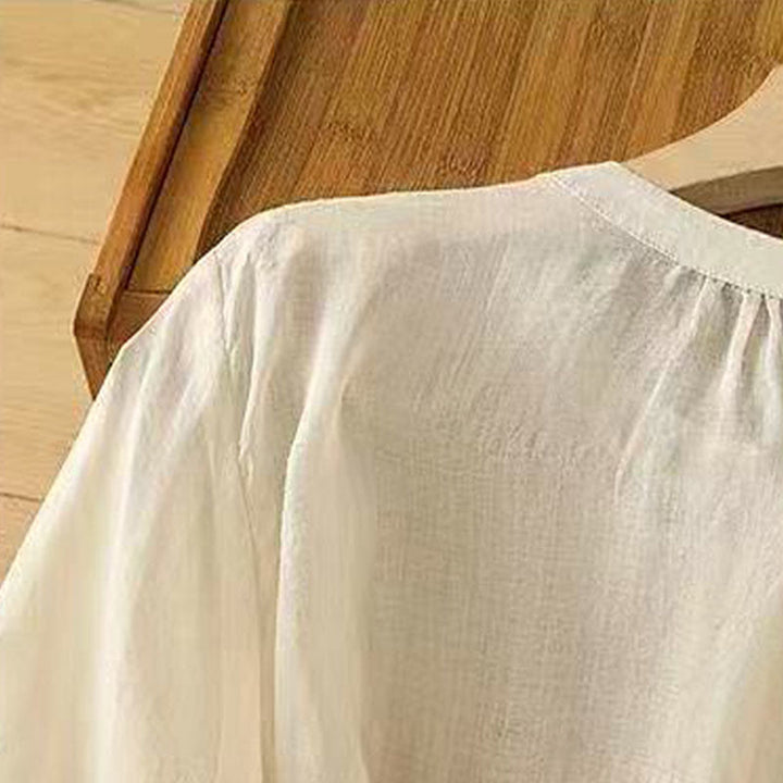 Buddha Stones Casual Loose Embroidery Frog Button Half Sleeve Crew Neck Cotton Women's Shirt