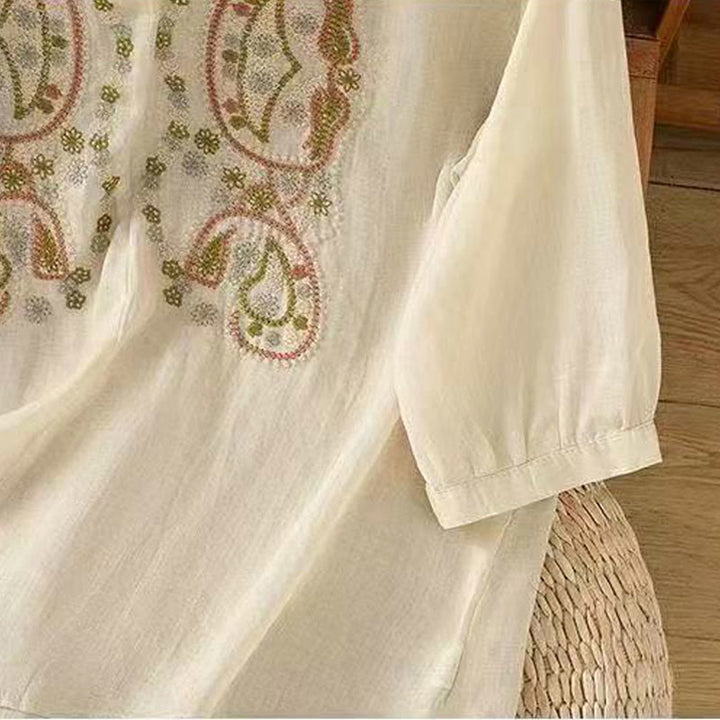 Buddha Stones Casual Loose Embroidery Frog Button Half Sleeve Crew Neck Cotton Women's Shirt