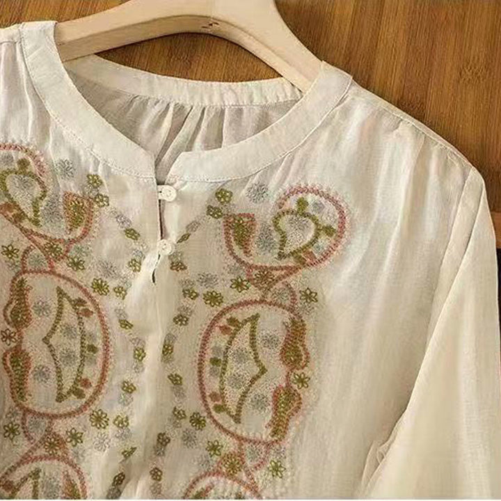 Buddha Stones Casual Loose Embroidery Frog Button Half Sleeve Crew Neck Cotton Women's Shirt