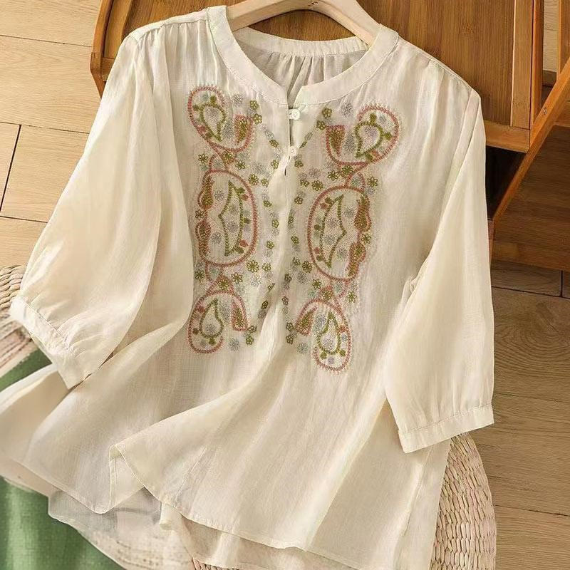 Buddha Stones Casual Loose Embroidery Frog Button Half Sleeve Crew Neck Cotton Women's Shirt
