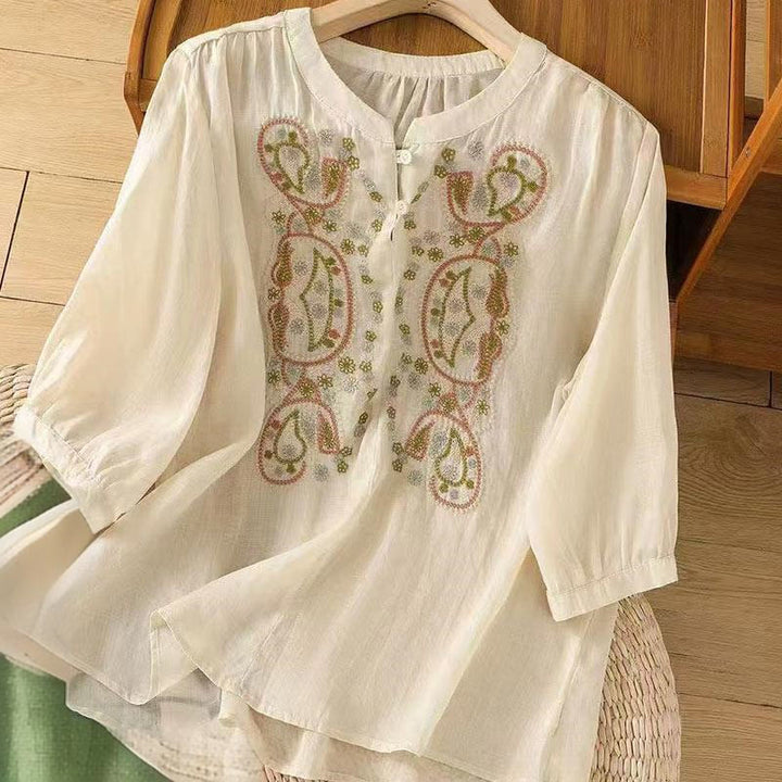 Buddha Stones Casual Loose Embroidery Frog Button Half Sleeve Crew Neck Cotton Women's Shirt