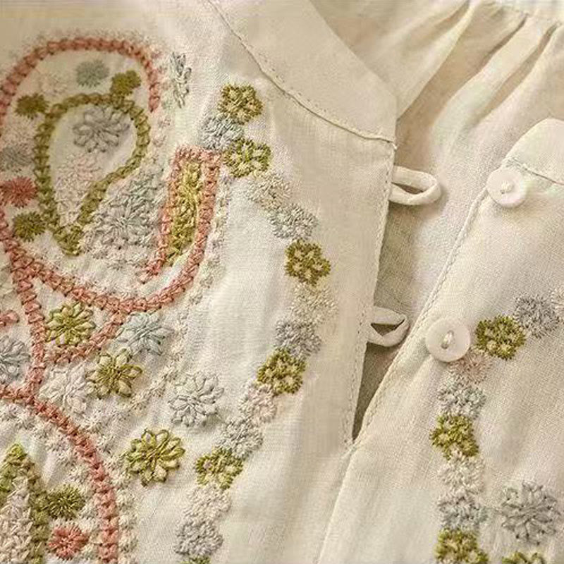 Buddha Stones Casual Loose Embroidery Frog Button Half Sleeve Crew Neck Cotton Women's Shirt