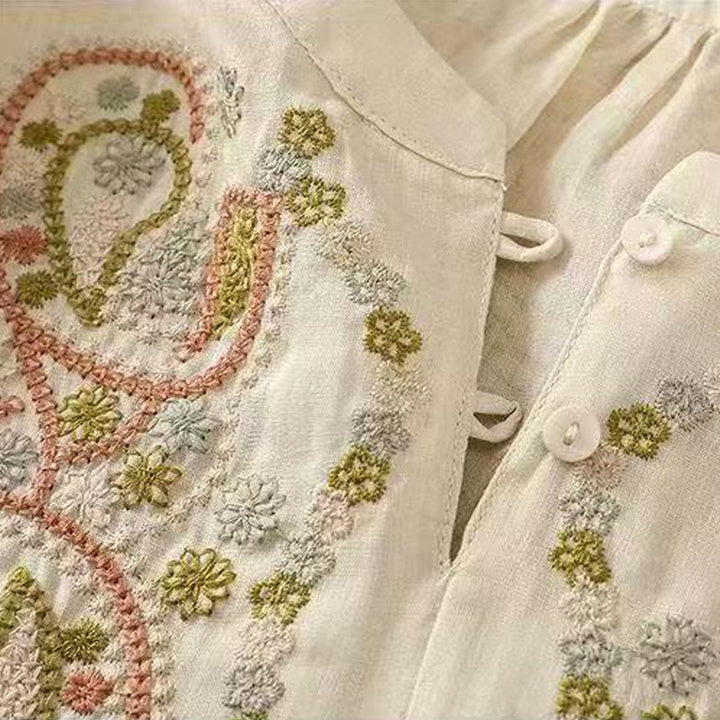Buddha Stones Casual Loose Embroidery Frog Button Half Sleeve Crew Neck Cotton Women's Shirt