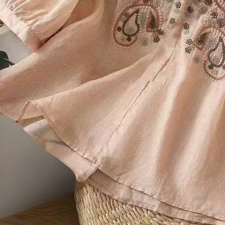 Buddha Stones Casual Loose Embroidery Frog Button Half Sleeve Crew Neck Cotton Women's Shirt