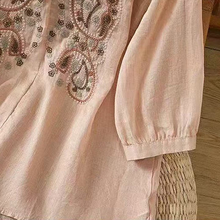 Buddha Stones Casual Loose Embroidery Frog Button Half Sleeve Crew Neck Cotton Women's Shirt