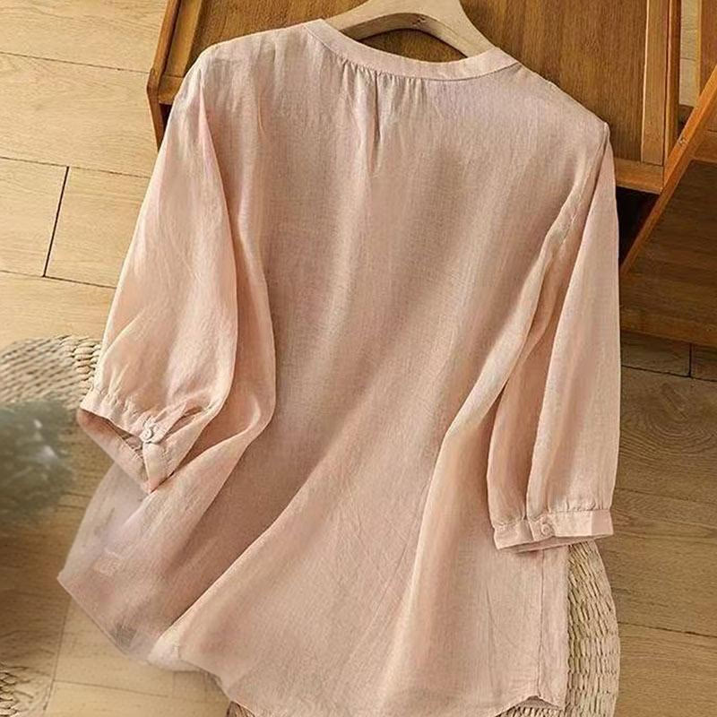 Buddha Stones Casual Loose Embroidery Frog Button Half Sleeve Crew Neck Cotton Women's Shirt