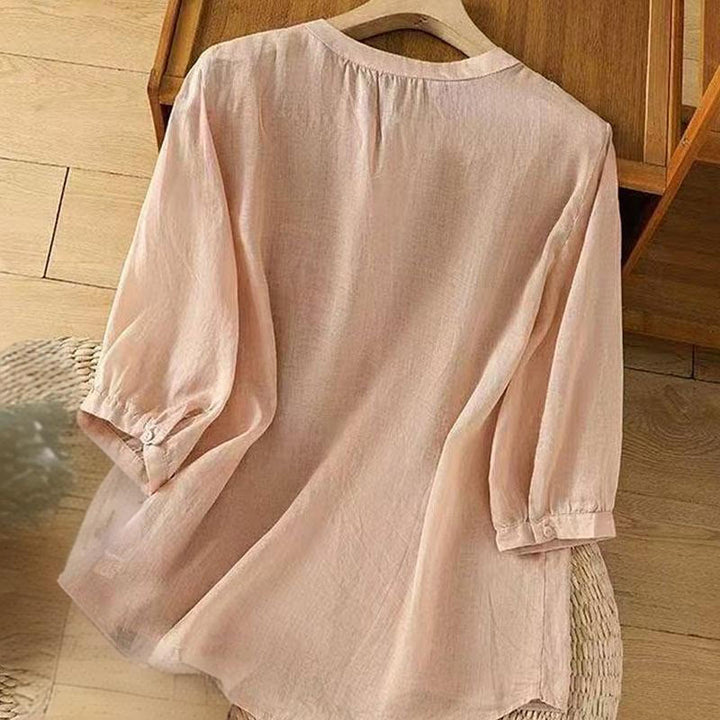 Buddha Stones Casual Loose Embroidery Frog Button Half Sleeve Crew Neck Cotton Women's Shirt