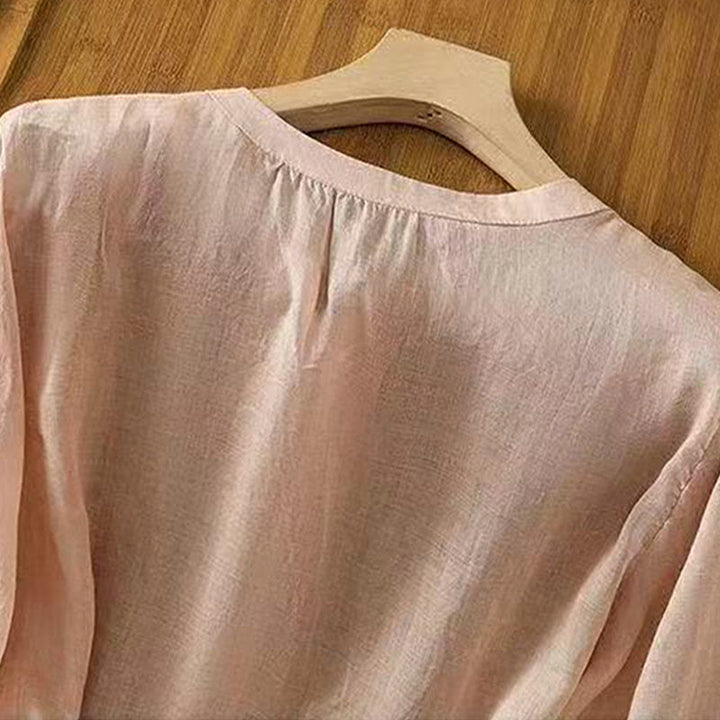 Buddha Stones Casual Loose Embroidery Frog Button Half Sleeve Crew Neck Cotton Women's Shirt
