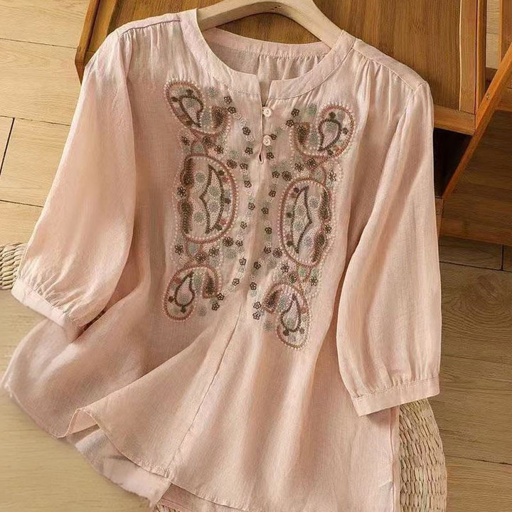 Buddha Stones Casual Loose Embroidery Frog Button Half Sleeve Crew Neck Cotton Women's Shirt