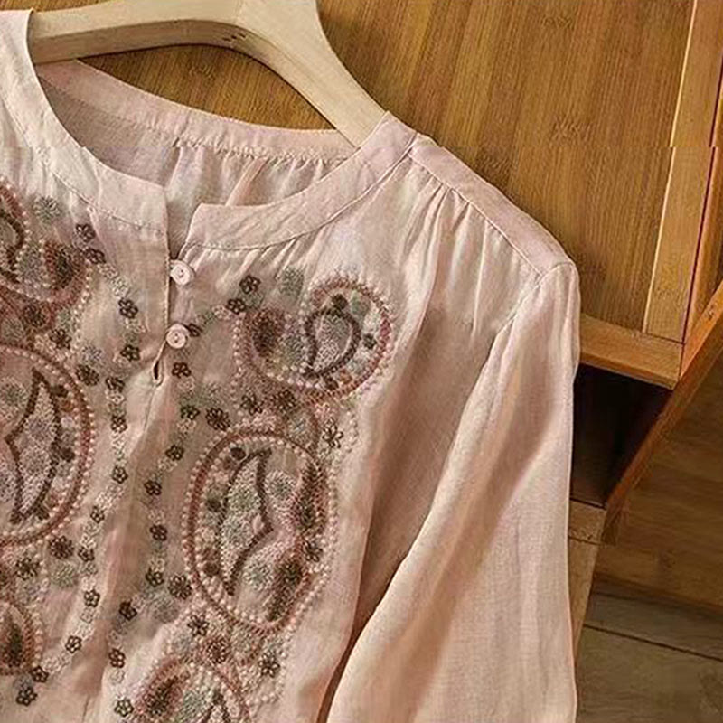 Buddha Stones Casual Loose Embroidery Frog Button Half Sleeve Crew Neck Cotton Women's Shirt