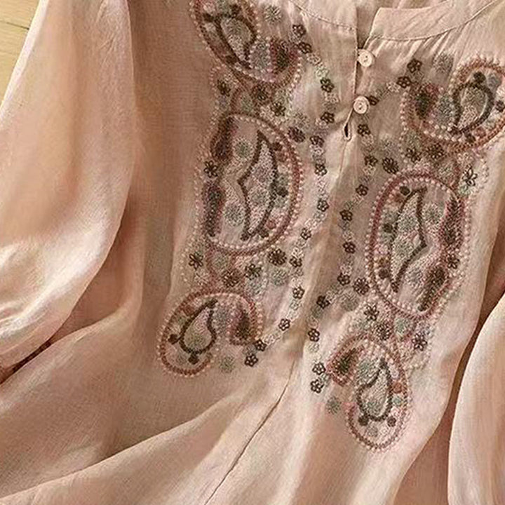 Buddha Stones Casual Loose Embroidery Frog Button Half Sleeve Crew Neck Cotton Women's Shirt