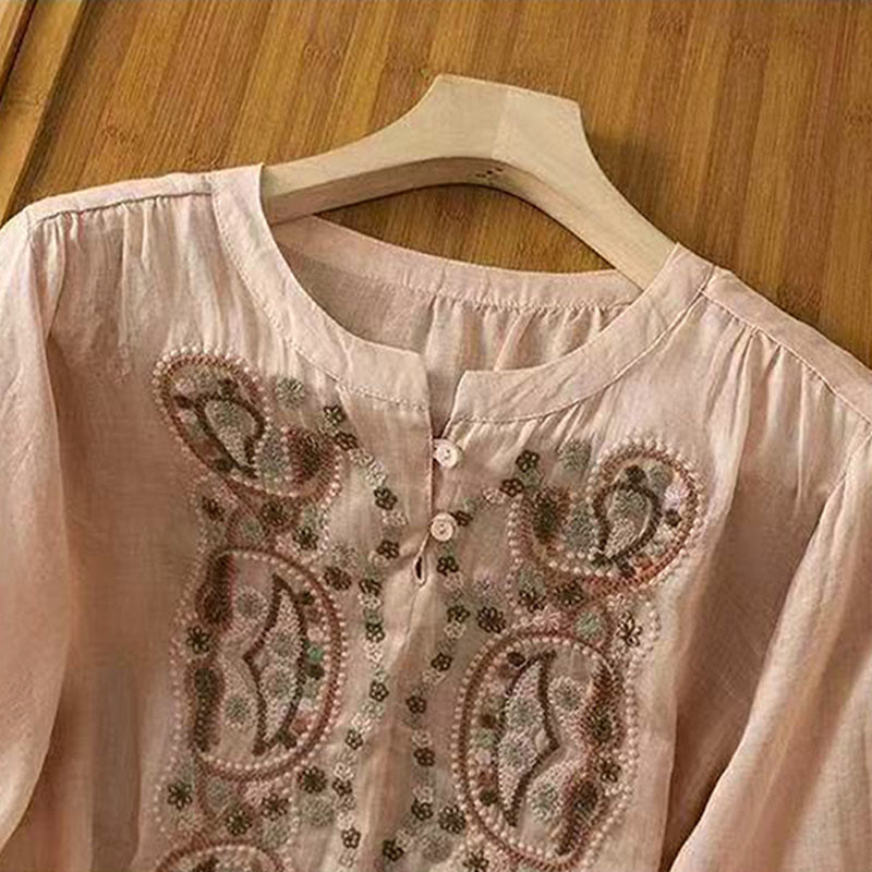 Buddha Stones Casual Loose Embroidery Frog Button Half Sleeve Crew Neck Cotton Women's Shirt