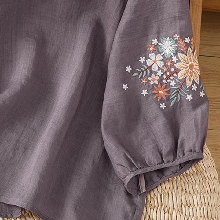 Buddha Stones Casual Flower Leaf Embroidery Women's Crew Neck Design Three Quarter Sleeve Cotton Linen T-shirt