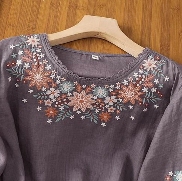 Buddha Stones Casual Flower Leaf Embroidery Women's Crew Neck Design Three Quarter Sleeve Cotton Linen T-shirt