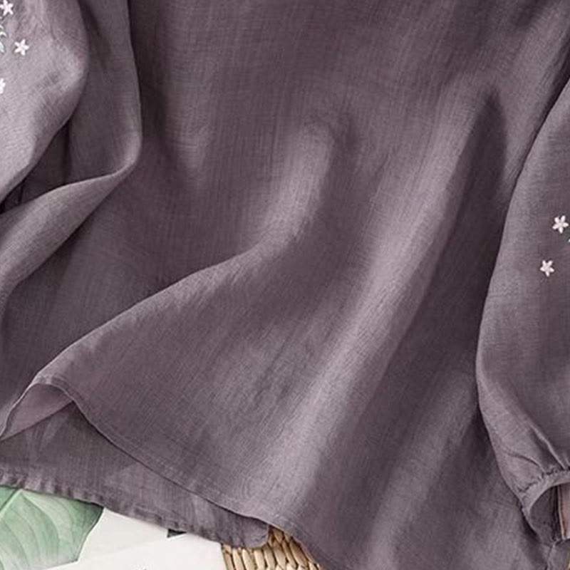 Buddha Stones Casual Flower Leaf Embroidery Women's Crew Neck Design Three Quarter Sleeve Cotton Linen T-shirt