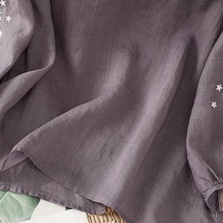 Buddha Stones Casual Flower Leaf Embroidery Women's Crew Neck Design Three Quarter Sleeve Cotton Linen T-shirt