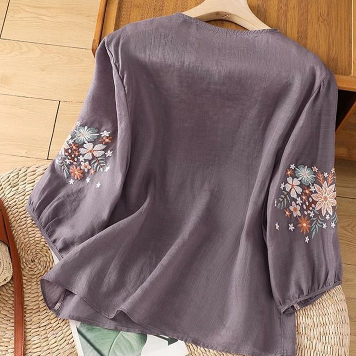 Buddha Stones Casual Flower Leaf Embroidery Women's Crew Neck Design Three Quarter Sleeve Cotton Linen T-shirt