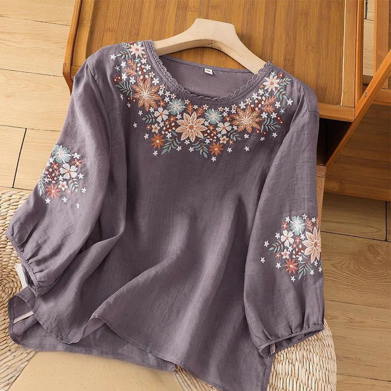 Buddha Stones Casual Flower Leaf Embroidery Women's Crew Neck Design Three Quarter Sleeve T-shirt - MediumPurple - US12，UK/AU16，EU44 (3XL) - image 0