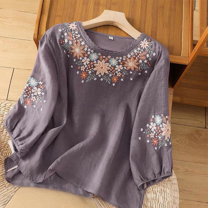 Buddha Stones Casual Flower Leaf Embroidery Women's Crew Neck Design Three Quarter Sleeve Cotton Linen T-shirt