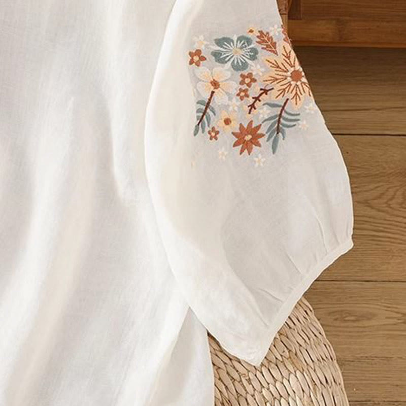 Buddha Stones Casual Flower Leaf Embroidery Women's Crew Neck Design Three Quarter Sleeve Cotton Linen T-shirt - image 9