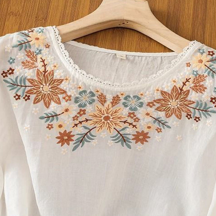 Buddha Stones Casual Flower Leaf Embroidery Women's Crew Neck Design Three Quarter Sleeve Cotton Linen T-shirt