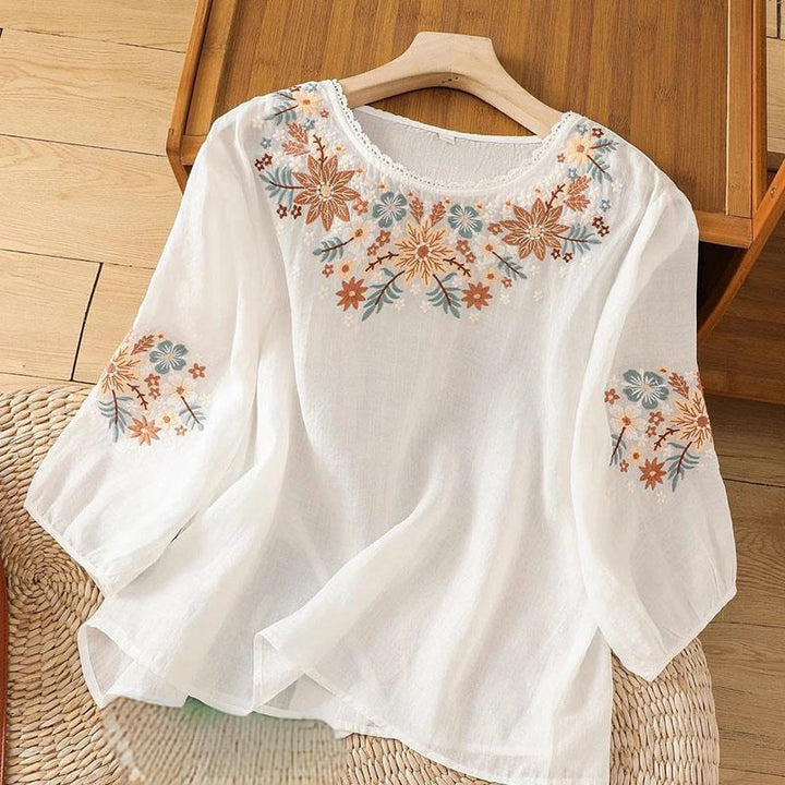 Buddha Stones Casual Flower Leaf Embroidery Women's Crew Neck Design Three Quarter Sleeve Cotton Linen T-shirt