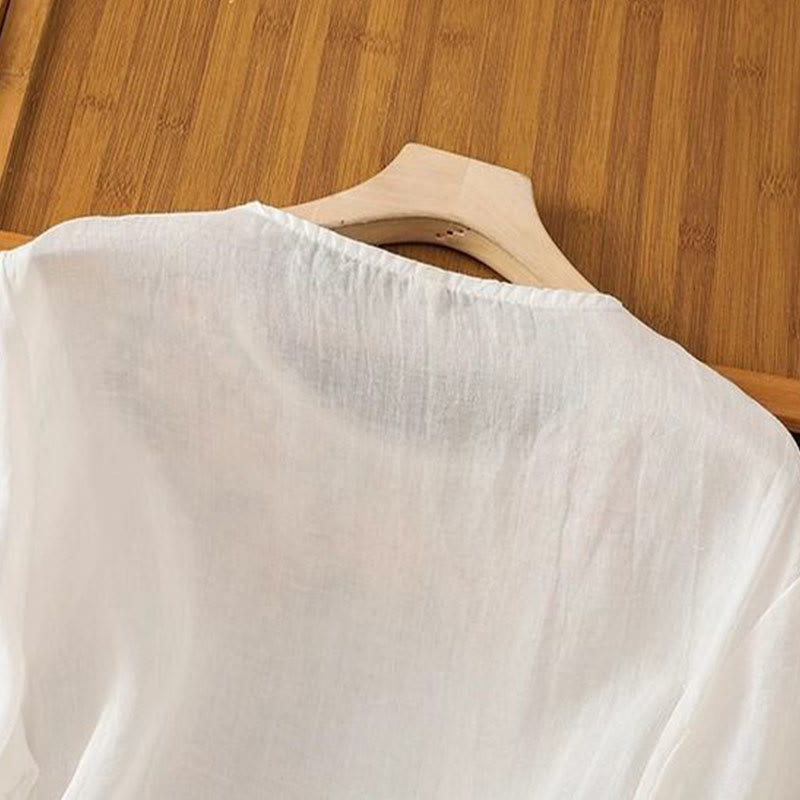 Buddha Stones Casual Flower Leaf Embroidery Women's Crew Neck Design Three Quarter Sleeve Cotton Linen T-shirt - image 8