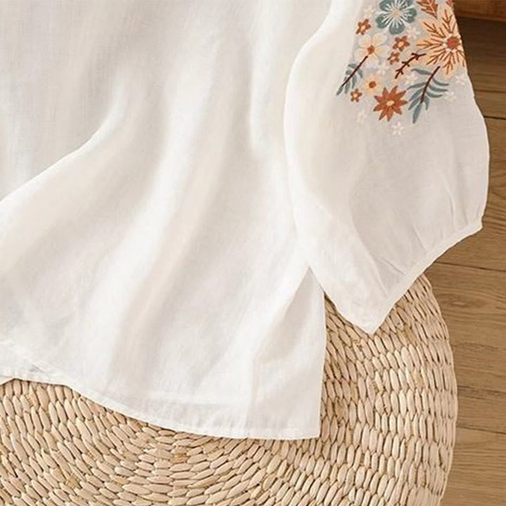 Buddha Stones Casual Flower Leaf Embroidery Women's Crew Neck Design Three Quarter Sleeve Cotton Linen T-shirt