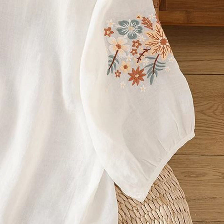 Buddha Stones Casual Flower Leaf Embroidery Women's Crew Neck Design Three Quarter Sleeve Cotton Linen T-shirt