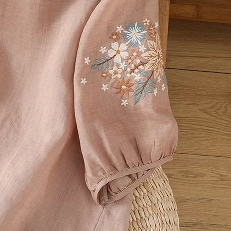 Buddha Stones Casual Flower Leaf Embroidery Women's Crew Neck Design Three Quarter Sleeve Cotton Linen T-shirt