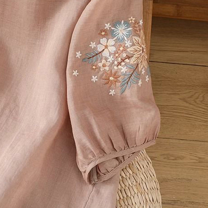 Buddha Stones Casual Flower Leaf Embroidery Women's Crew Neck Design Three Quarter Sleeve Cotton Linen T-shirt