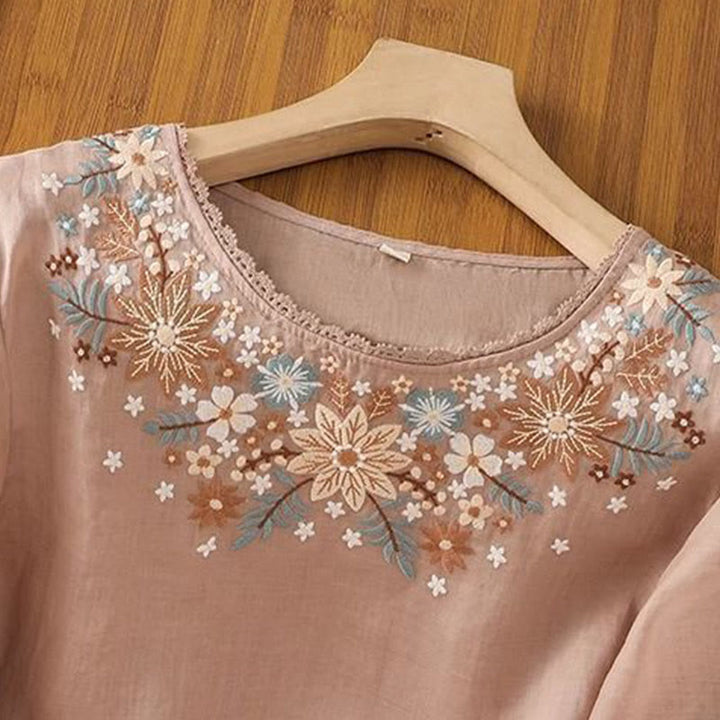 Buddha Stones Casual Flower Leaf Embroidery Women's Crew Neck Design Three Quarter Sleeve Cotton Linen T-shirt