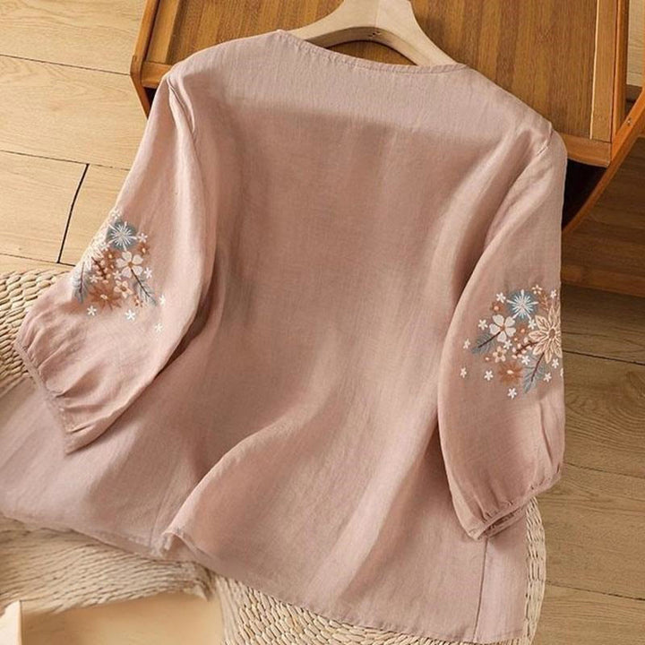 Buddha Stones Casual Flower Leaf Embroidery Women's Crew Neck Design Three Quarter Sleeve Cotton Linen T-shirt