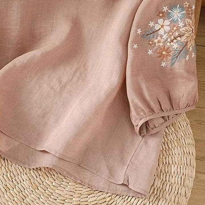 Buddha Stones Casual Flower Leaf Embroidery Women's Crew Neck Design Three Quarter Sleeve Cotton Linen T-shirt