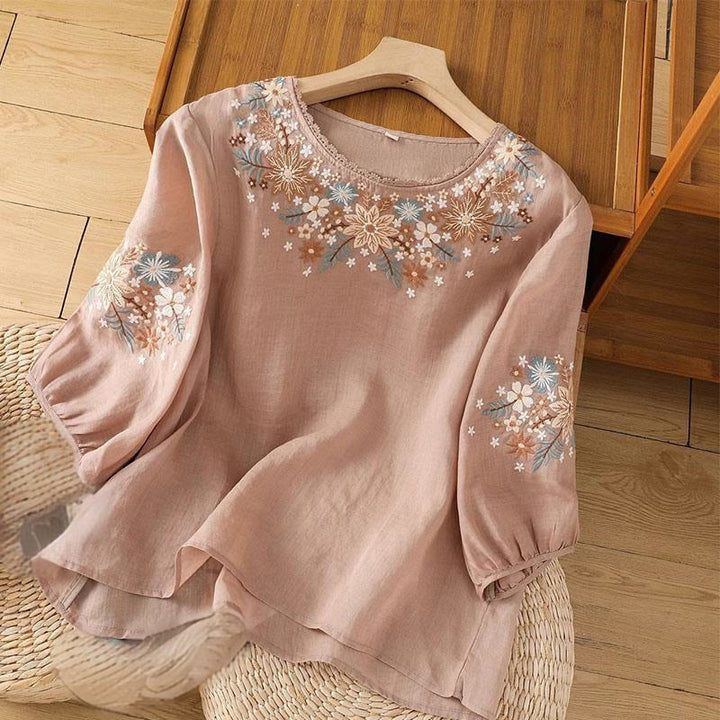 Buddha Stones Casual Flower Leaf Embroidery Women's Crew Neck Design Three Quarter Sleeve Cotton Linen T-shirt