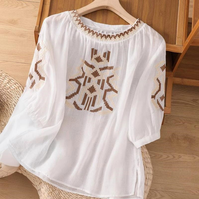 Buddha Stones Casual Symmetrical Embroidery Women's Crew Neck Design Half Sleeve Spandex T-shirt - White - US14，UK/AU18，EU46 (4XL) - image 0