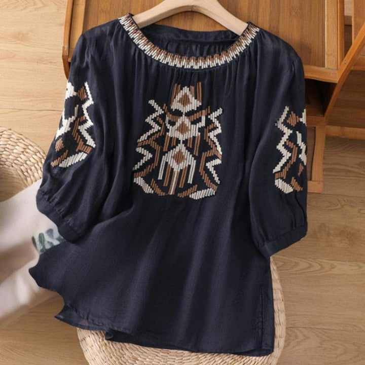Buddha Stones Casual Symmetrical Embroidery Women's Crew Neck Design Half Sleeve Spandex T-shirt