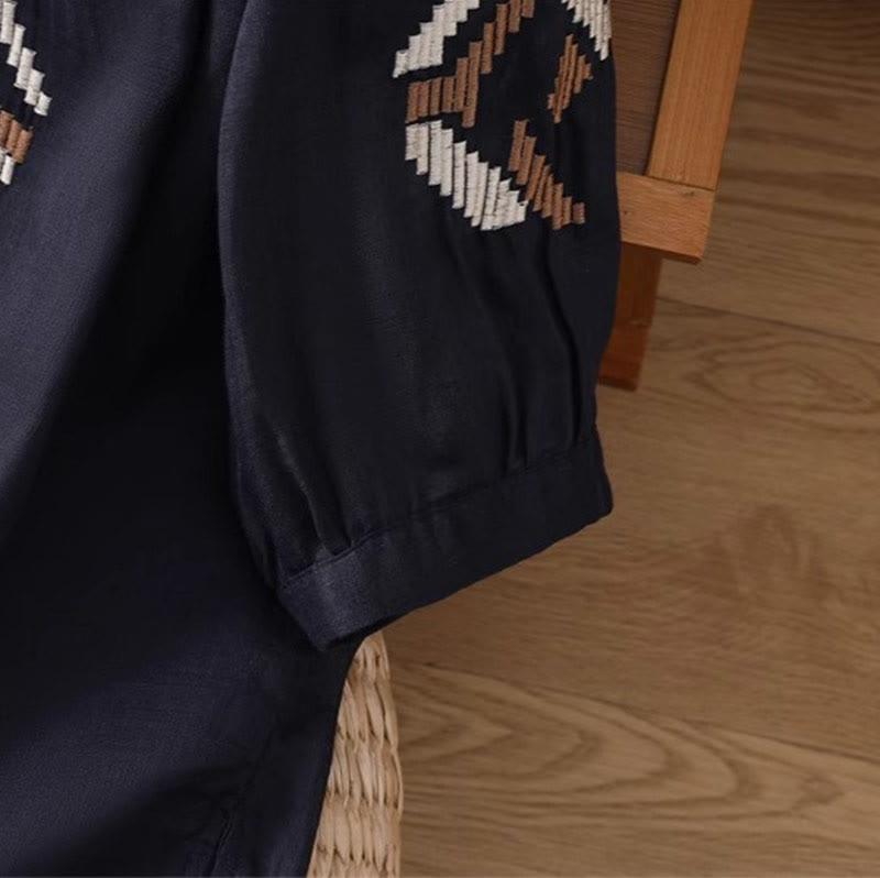 Buddha Stones Casual Symmetrical Embroidery Women's Crew Neck Design Half Sleeve Spandex T-shirt