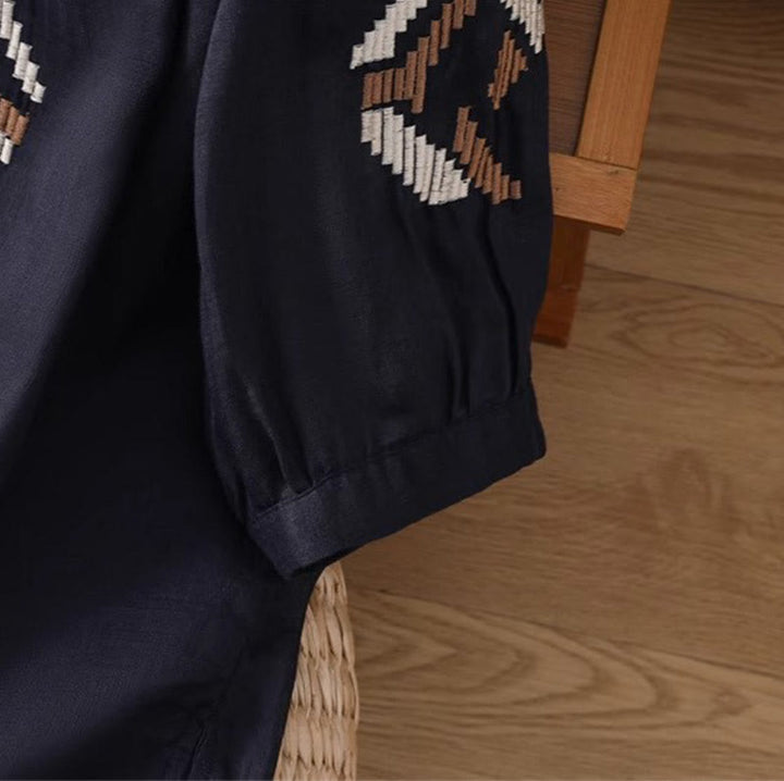 Buddha Stones Casual Symmetrical Embroidery Women's Crew Neck Design Half Sleeve Spandex T-shirt