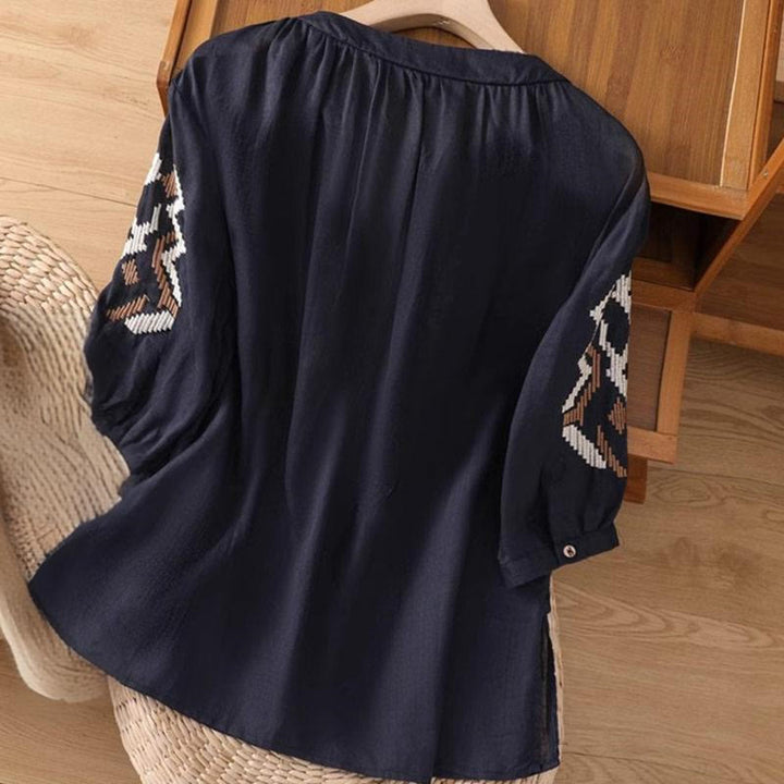 Buddha Stones Casual Symmetrical Embroidery Women's Crew Neck Design Half Sleeve Spandex T-shirt