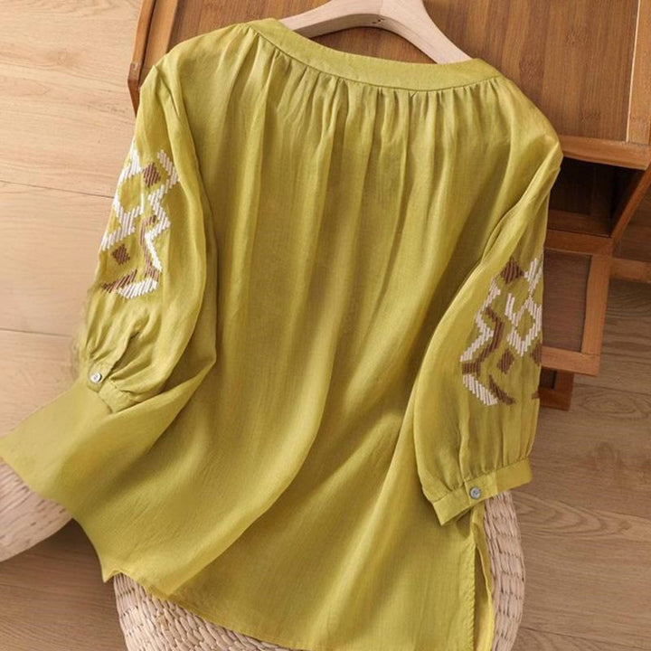 Buddha Stones Casual Symmetrical Embroidery Women's Crew Neck Design Half Sleeve Spandex T-shirt