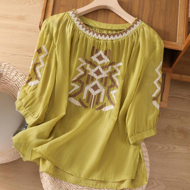 Buddha Stones Casual Symmetrical Embroidery Women's Crew Neck Design Half Sleeve Spandex T-shirt