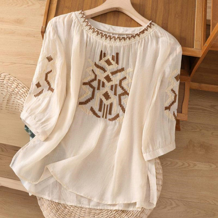 Buddha Stones Casual Symmetrical Embroidery Women's Crew Neck Design Half Sleeve Spandex T-shirt